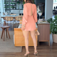 Solid Color V-Neck Backless Long Sleeve Dress - Thumbnail 3