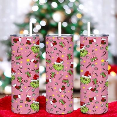 Pink grinch pattern tumbler | 20oz skinny sublimation cup | cute christmas stocking stuffer