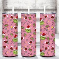 Pink Grinch Pattern Tumbler | 20oz Skinny Sublimation Cup | Cute Christmas Stocking Stuffer - Thumbnail 1