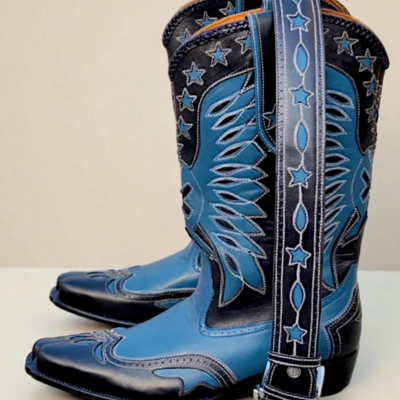 Crafted leather new classic blue black dress shoes men designer cowboy fashion boot with matching belt