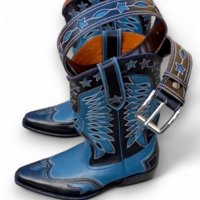 Crafted Leather New Classic Blue Black Dress Shoes Men Designer Cowboy Fashion Boot with Matching Belt - Thumbnail 1