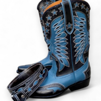 Crafted Leather New Classic Blue Black Dress Shoes Men Designer Cowboy Fashion Boot with Matching Belt - Thumbnail 2