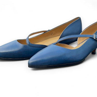 Crafted leather classic blue leather heel girl monk strap shoes
