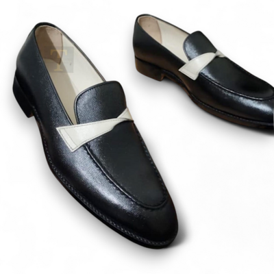 Crafted leather men’s handmade classic black white leather moccasin loafers dress shoes
