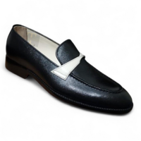 Crafted Leather Men’s Handmade Classic Black White Leather Moccasin Loafers Dress Shoes - Thumbnail 1