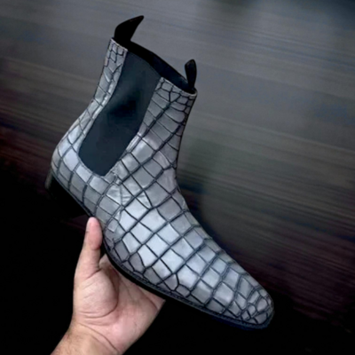 Crafted leather men’s handmade dress shoes gray crocodile/alligator leather chelsea boot