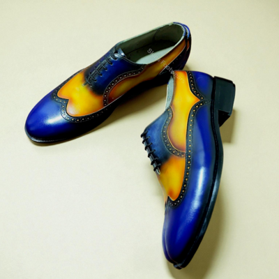 Crafted leather men’s handmade blue yellow leather wingtip oxford lace up dress shoes - Thumbnail 1