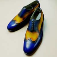 Crafted Leather Men’s Handmade Blue Yellow Leather Wingtip Oxford Lace up Dress Shoes - Thumbnail 1