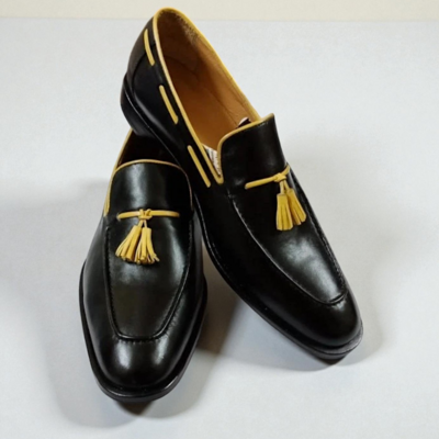 Crafted leather men’s classic black leather tassel loafers dress shoes - Thumbnail 1