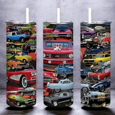 ​classic muscle car tumbler 20oz skinny, hot rod collage gift for dad or man, vintage american auto enthusiast