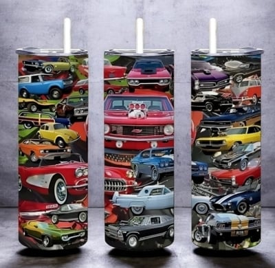 ​Classic Muscle Car Tumbler 20oz Skinny, Hot Rod Collage Gift for Dad or Man, Vintage American Auto Enthusiast