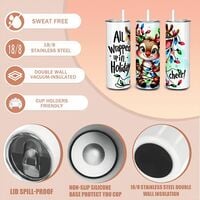 Cute Reindeer Tumbler 20oz Skinny, Wrapped in Christmas Lights Holiday Cheer Gift for Girl, Iced Coffee Travel Mug - Thumbnail 3