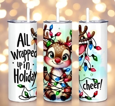 Cute Reindeer Tumbler 20oz Skinny, Wrapped in Christmas Lights Holiday Cheer Gift for Girl, Iced Coffee Travel Mug