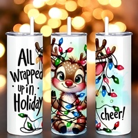 Cute Reindeer Tumbler 20oz Skinny, Wrapped in Christmas Lights Holiday Cheer Gift for Girl, Iced Coffee Travel Mug - Thumbnail 2