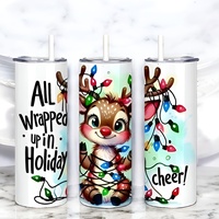 Cute Reindeer Tumbler 20oz Skinny, Wrapped in Christmas Lights Holiday Cheer Gift for Girl, Iced Coffee Travel Mug - Thumbnail 4
