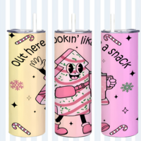 ​"Lookin' Like a Snack" Christmas Tumbler 20oz Skinny, Retro Pink Holiday Tree Humor Gift, Cute Aesthetic Travel Mug - Thumbnail 2