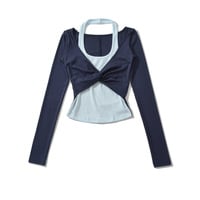 Color-blocked faux two-piece casual halter neck T-shirt - Thumbnail 2