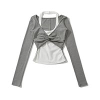 Color-blocked faux two-piece casual halter neck T-shirt - Thumbnail 3