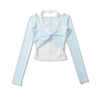 Color-blocked faux two-piece casual halter neck T-shirt - Thumbnail 4