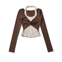 Color-blocked faux two-piece casual halter neck T-shirt - Thumbnail 5