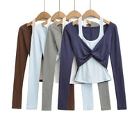 Color-blocked faux two-piece casual halter neck T-shirt - Thumbnail 1