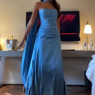 A line strapless satin blue long evening gown prom dress