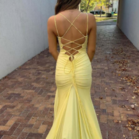Mermaid V Neck Backless Long Yellow Prom Dress - Thumbnail 1