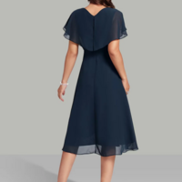 Elegant Midi Length Short Sleeve V Neck Chiffon Mother of Bridal Dress With Beading - Thumbnail 1