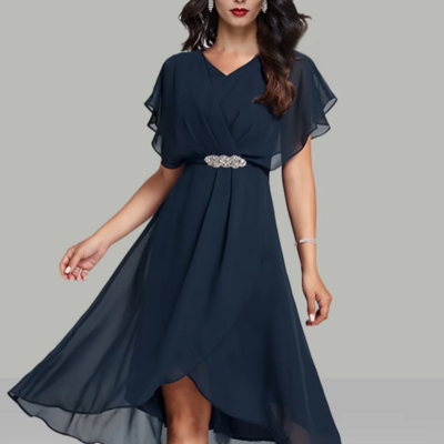 Elegant midi length short sleeve v neck chiffon mother of bridal dress with beading - Thumbnail 1