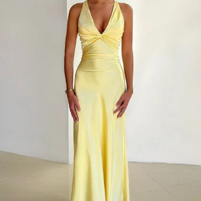 Elegant v neck backless yellow long formal prom dresses  - Thumbnail 1