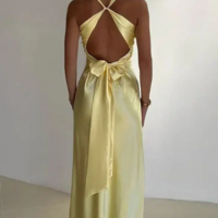 Elegant V Neck Backless Yellow Long Formal Prom Dresses  - Thumbnail 1