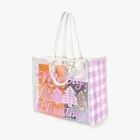 Merry Christmas Clear Tote Bag - Pink Gingham Christmas Tree PVC Tote - Stadium Approved Transparent Bag - Holiday Shopping Bag - Thumbnail 4