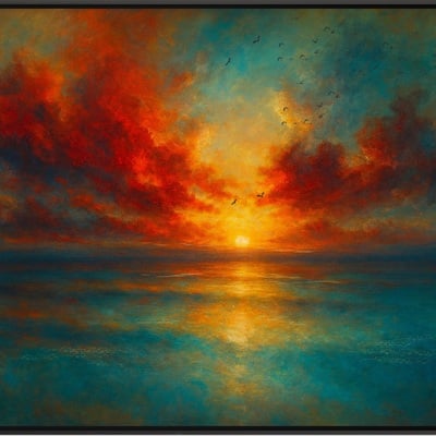 Radiant horizon fiery sunset over tranquil sea