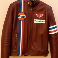 Crafted Leather Burgundy with Red White and Blue Stripes Biker Motorcycle Jacket - Thumbnail 1