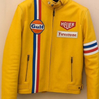 Crafted leather yellow with red white and blue stripes biker motorcycle jacket