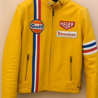 Crafted Leather Yellow with Red White and Blue Stripes Biker Motorcycle Jacket - Thumbnail 1