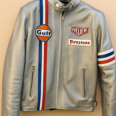 Crafted leather silver with red white and blue stripes biker motorcycle jacket - Thumbnail 5