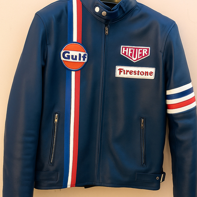 Crafted leather inkstorm blue with red white and blue stripes biker motorcycle jacket - Thumbnail 3