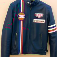 Crafted Leather Inkstorm Blue with Red White and Blue Stripes Biker Motorcycle Jacket - Thumbnail 1