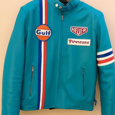 Crafted leather cyan color with red white and blue stripes biker motorcycle jacket