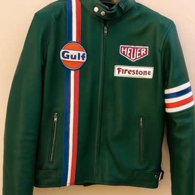 Crafted leather green with red white and blue stripes biker motorcycle jacket - Thumbnail 4