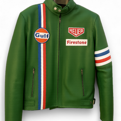 Crafted leather green with red white and blue stripes biker motorcycle jacket - Thumbnail 3