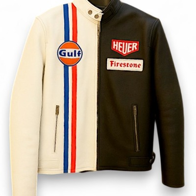Crafted leather classic black/white with red white and blue stripes biker motorcycle jacket - Thumbnail 3