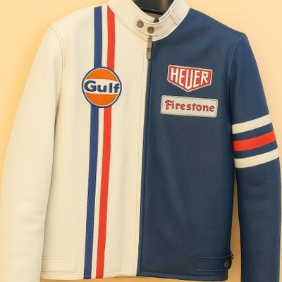 Crafted leather classic blue/white with red white and blue stripes biker motorcycle jacket
