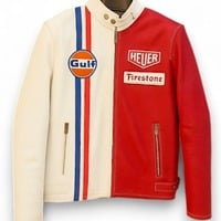 Crafted Leather Classic Red / White with Red White and Blue Stripes Biker Motorcycle Jacket - Thumbnail 1