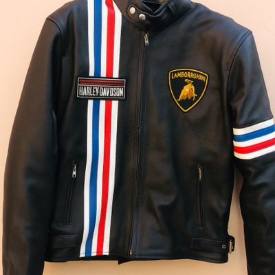 Crafted leather classic design black with red and blue stripes biker motorcycle jacket - Thumbnail 3