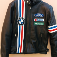 Crafted Leather Sports Jacket Black with Red White and Blue Stripes Biker Motorcycle Jacket - Thumbnail 1