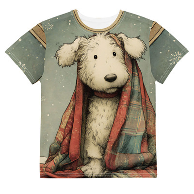 Christmas Blanket Pup Youth crew neck t-shirt