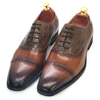 Top-layer calfskin three-joint men's business leather shoes brogue handmade Oxford shoes 2 colors - Thumbnail 1