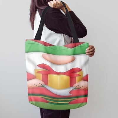 Christmas gnome canvas tote bag, holiday gift holder shoulder bag, festive elf gift , free ship